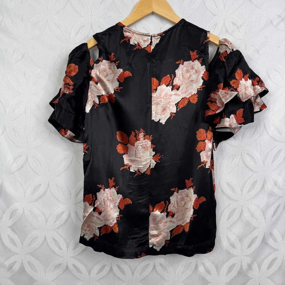 Ganni‎ Pation Satin Floral Cold Shoulder Ruffle Sleeve Blouse Black Pink Size 34 - Picture 5 of 11